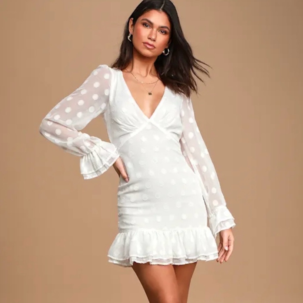 Lulus Just Spotted White Polka Dot Jacquard Ruffled Mini Dress